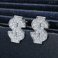 Silver iced out money sign dollar sign moissanite stud earrings aligned on black jewelry display stand