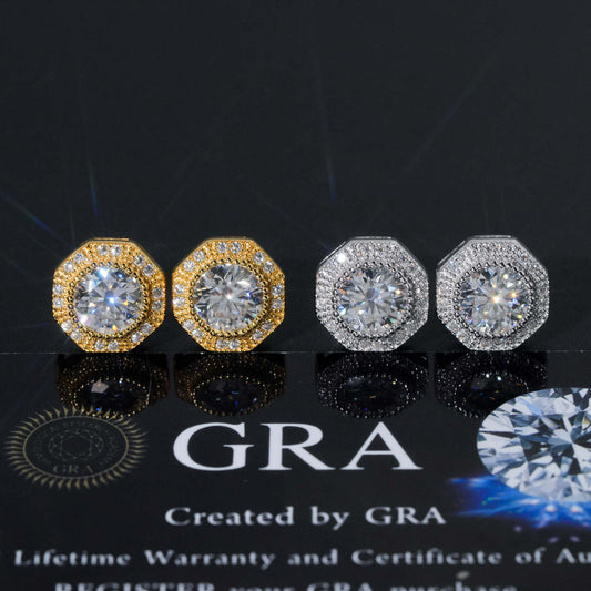 Gold and silver iced out octagon halo solitaire moissanite stud earrings with GRA report card