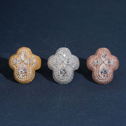 Iced out pear cut moissanite clover statement rings in yellow gold silver and rose gold options