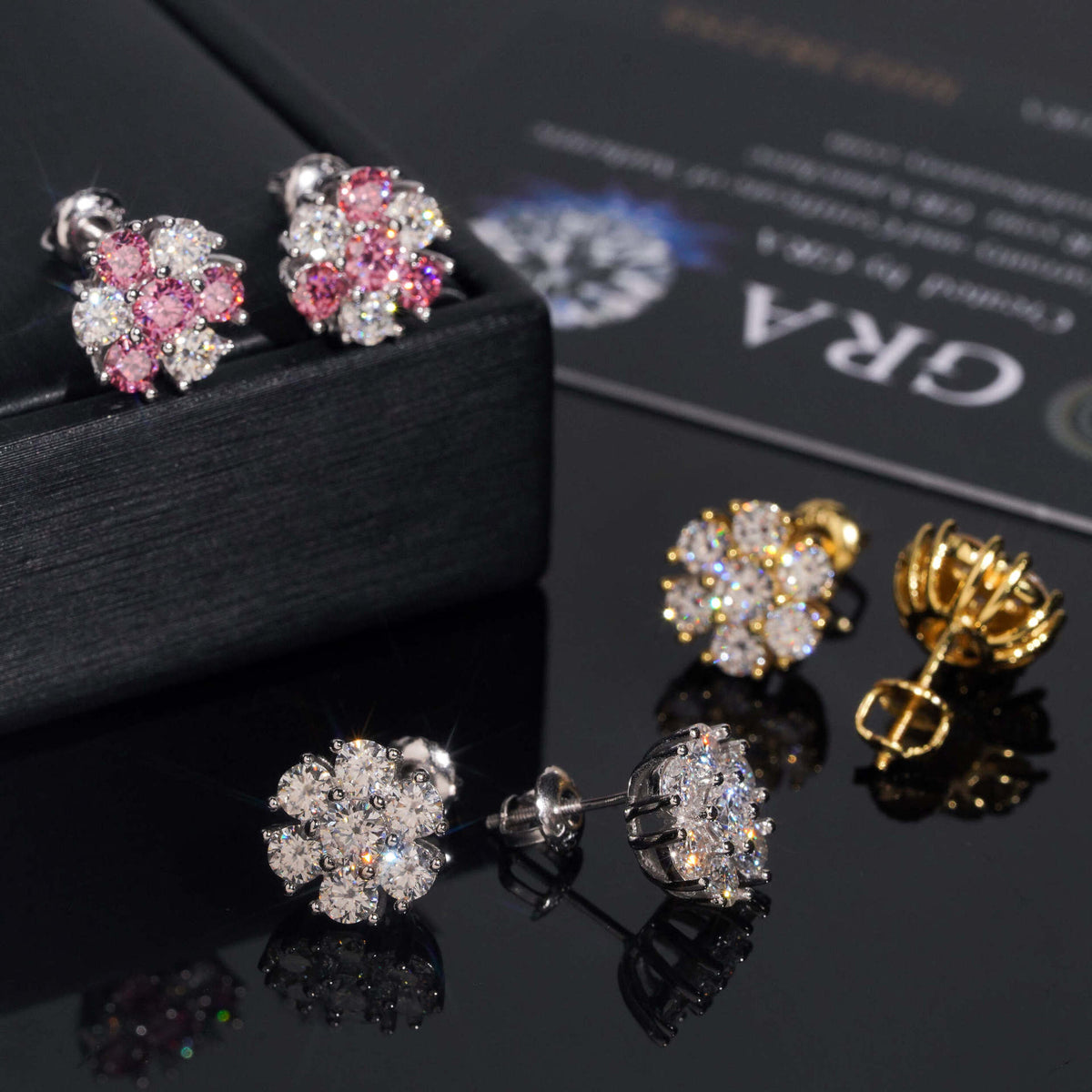 Pink, white, and yellow gold iced out flower 7-stone cluster moissanite stud earrings on GRA certificate   