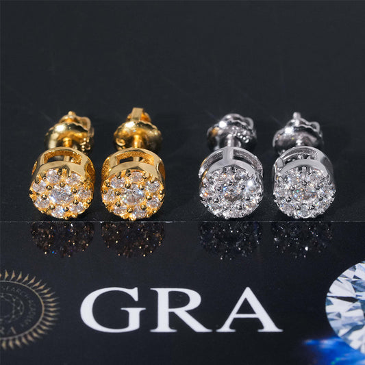 Iced out raised round cluster moissanite stud earrings in yellow gold and s925 silver displayed on GRA card