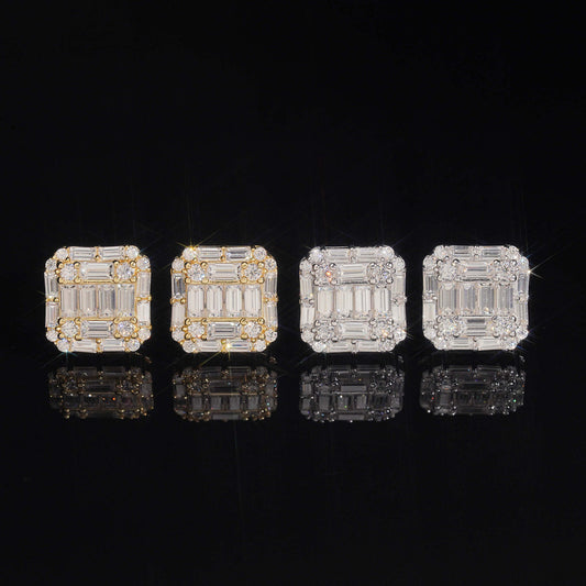 Iced out square emerald cut moissanite stud earrings in yellow gold and silver on black background