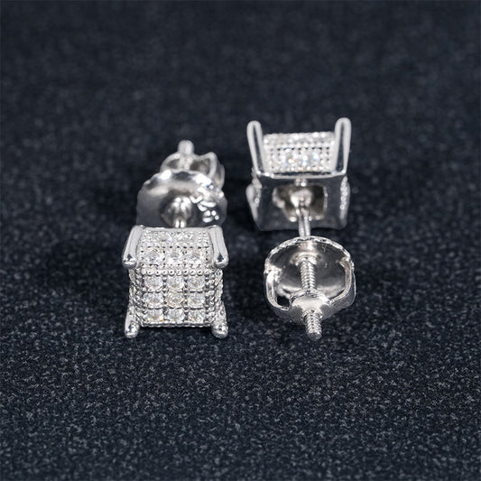 Silver iced out square cluster moissanite stud earrings showing screw back post mechanism and hollow back detail   