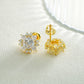 Pair of yellow gold iced out sunburst starburst solitaire moissanite stud earrings showing screw back post