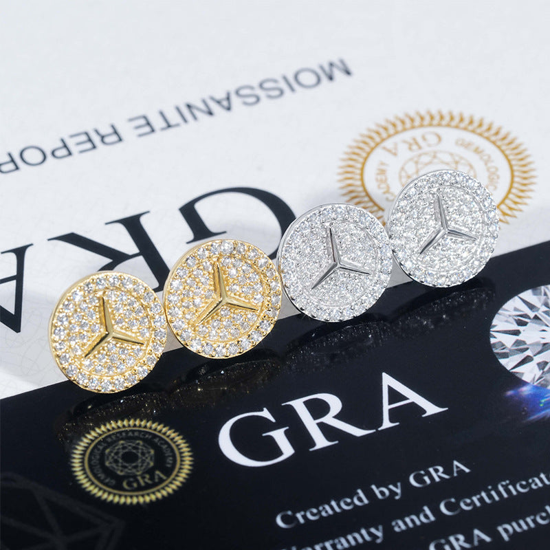Gold and silver iced out three-point star emblem moissanite stud earrings on official GRA card