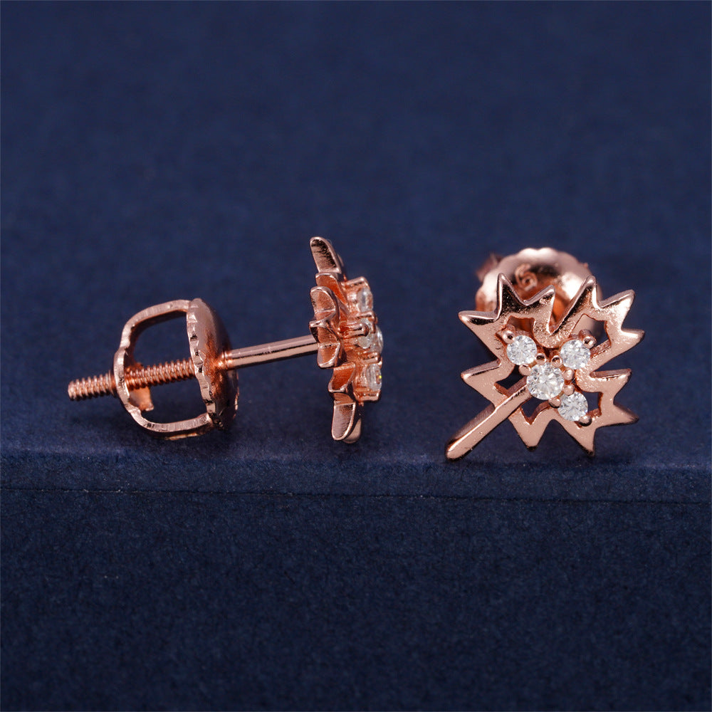 Rose gold iced out weed leaf maple leaf moissanite stud earrings showing side profile and screw back post   