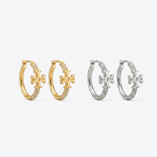 ZERRA Tory Burch Small Eleanor gold logo hoop earrings with monogram design, showcasing a stylish jewelry accessory.