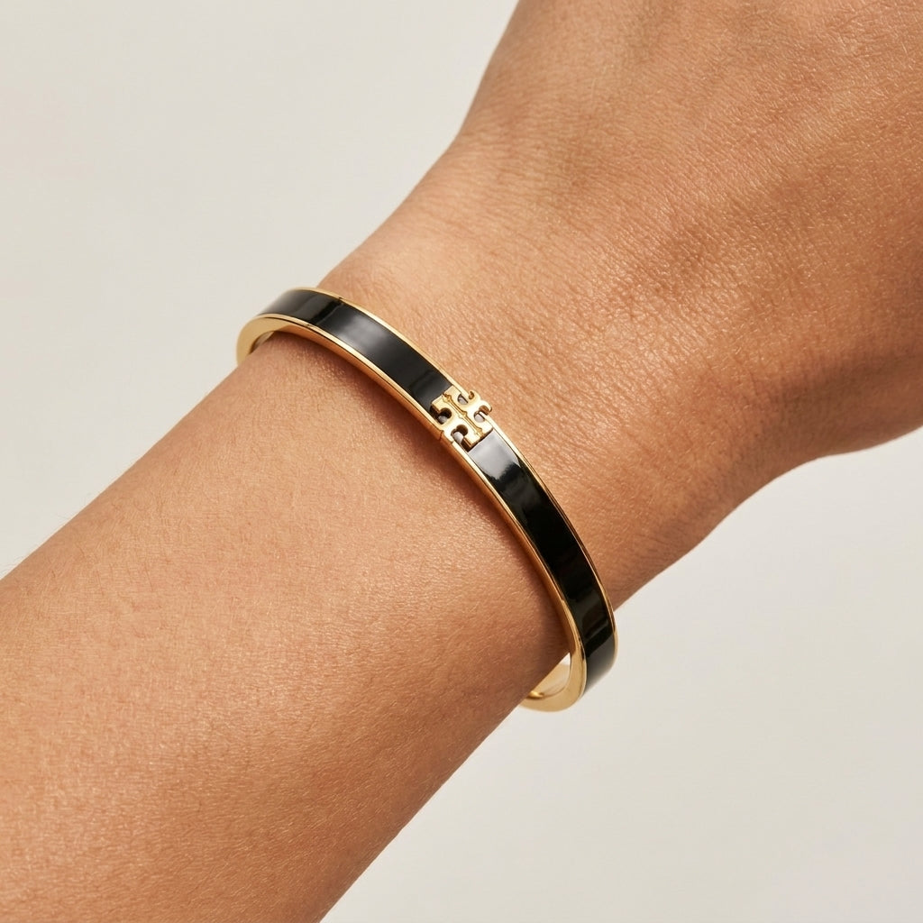 Zerra Jewelry Tory Burch Icon Medium Enamel Bracelet with double T design in colorful enamel finish on a sleek bracelet.