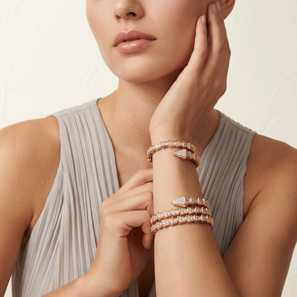 Zerra Jewelry BVLGARI Serpenti Viper Double bracelet with pave diamonds, showcasing a sleek, luxurious snake-inspired design.
