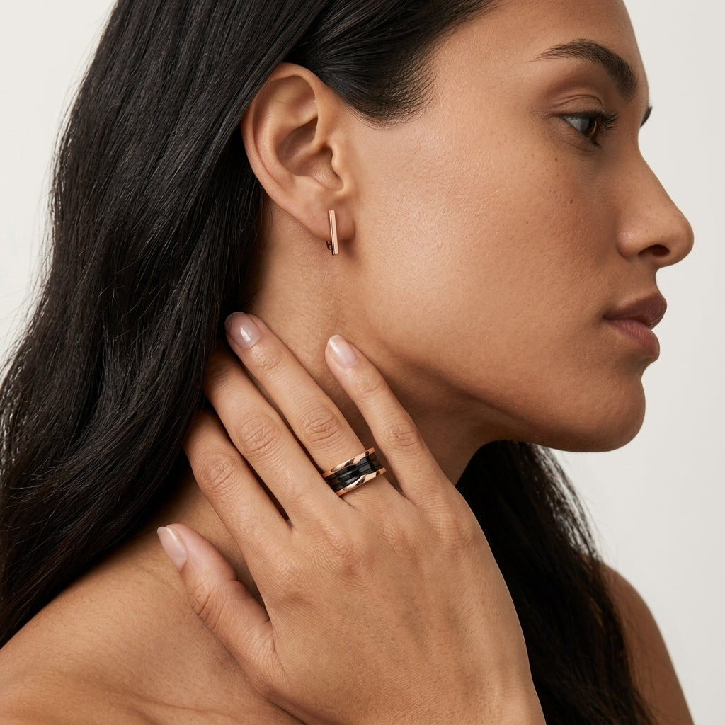 Zerra Jewelry BVLGARI B.zero1 three-band ring with black ceramic spiral design, showcasing sleek, modern style and craftsmanship.