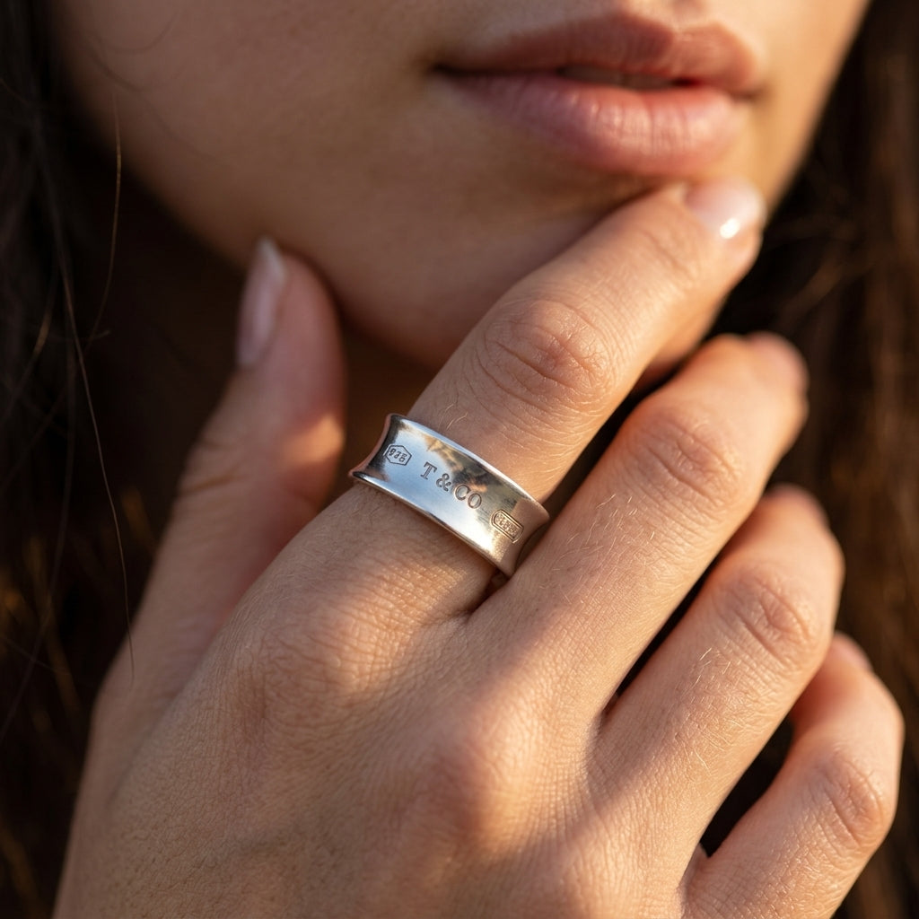 Zerra Jewelry Tiffany 1837® silver ring in medium size, showcasing a sleek, polished band with engraved details.