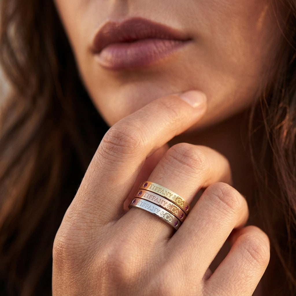 Zerra Jewelry Tiffany T&CO Ruby Narrow Band Ring featuring a sleek gold band with a central ruby gemstone.