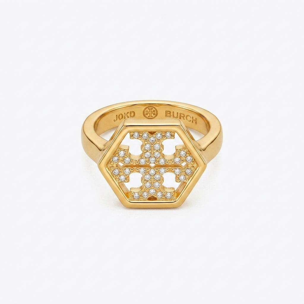 Tory Burch Hexagon Logo Pave Ring | Geometric Diamond Accent