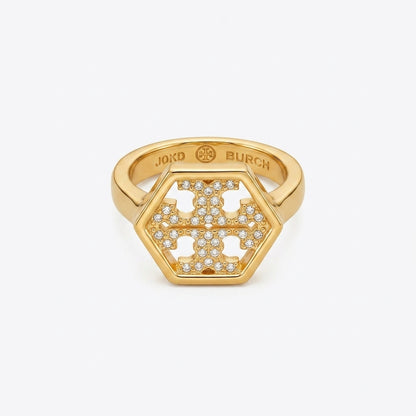 Tory Burch Hexagon Logo Pave Ring | Geometric Diamond Accent