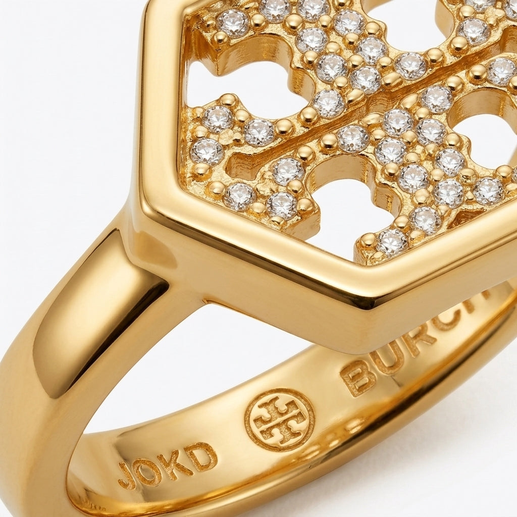 Tory Burch Hexagon Logo Pave Ring | Geometric Diamond Accent