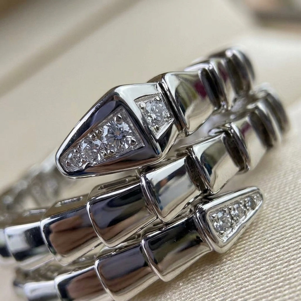 BVLGARI Serpenti Viper 18K White Gold & Pavé Diamond 2-Coil Ring