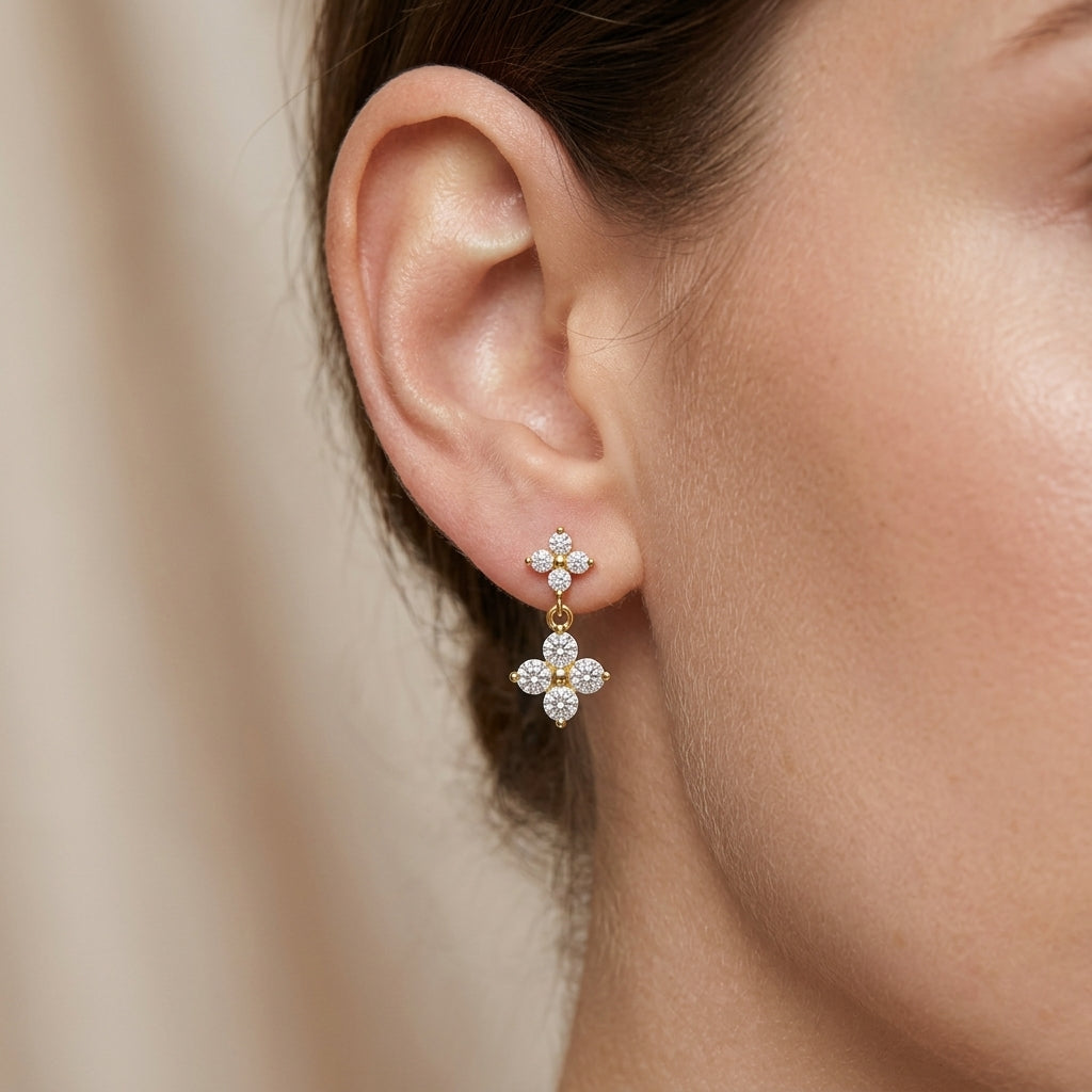 Round Cut Moissanite Floral Cross Dangle Earrings