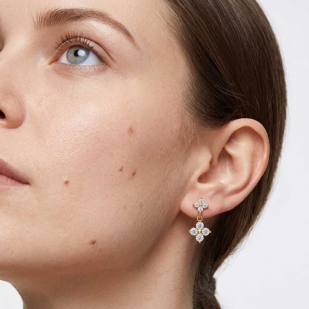 Round Cut Moissanite Floral Cross Dangle Earrings