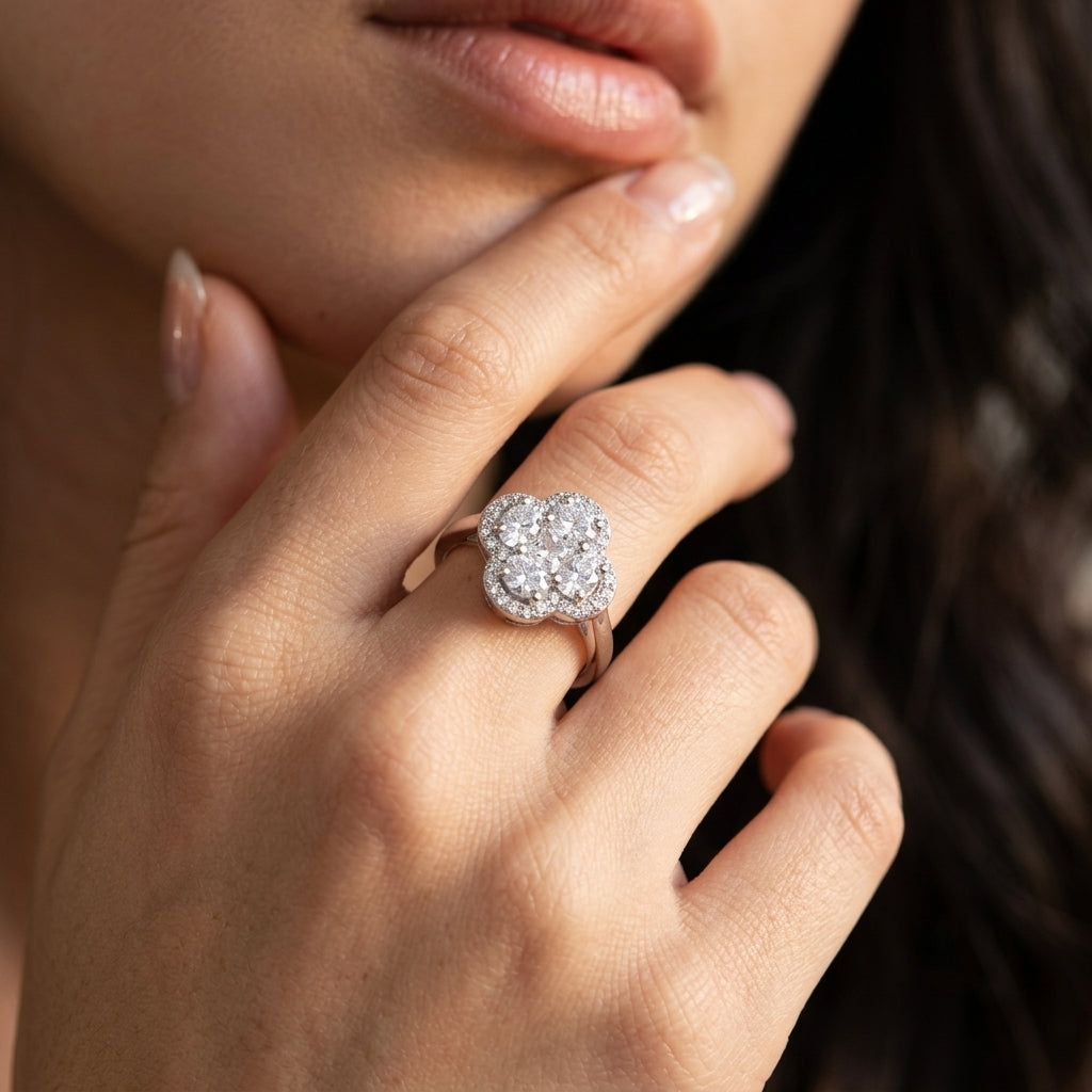 Four-Leaf Clover Oval Moissanite Ring, Cluster