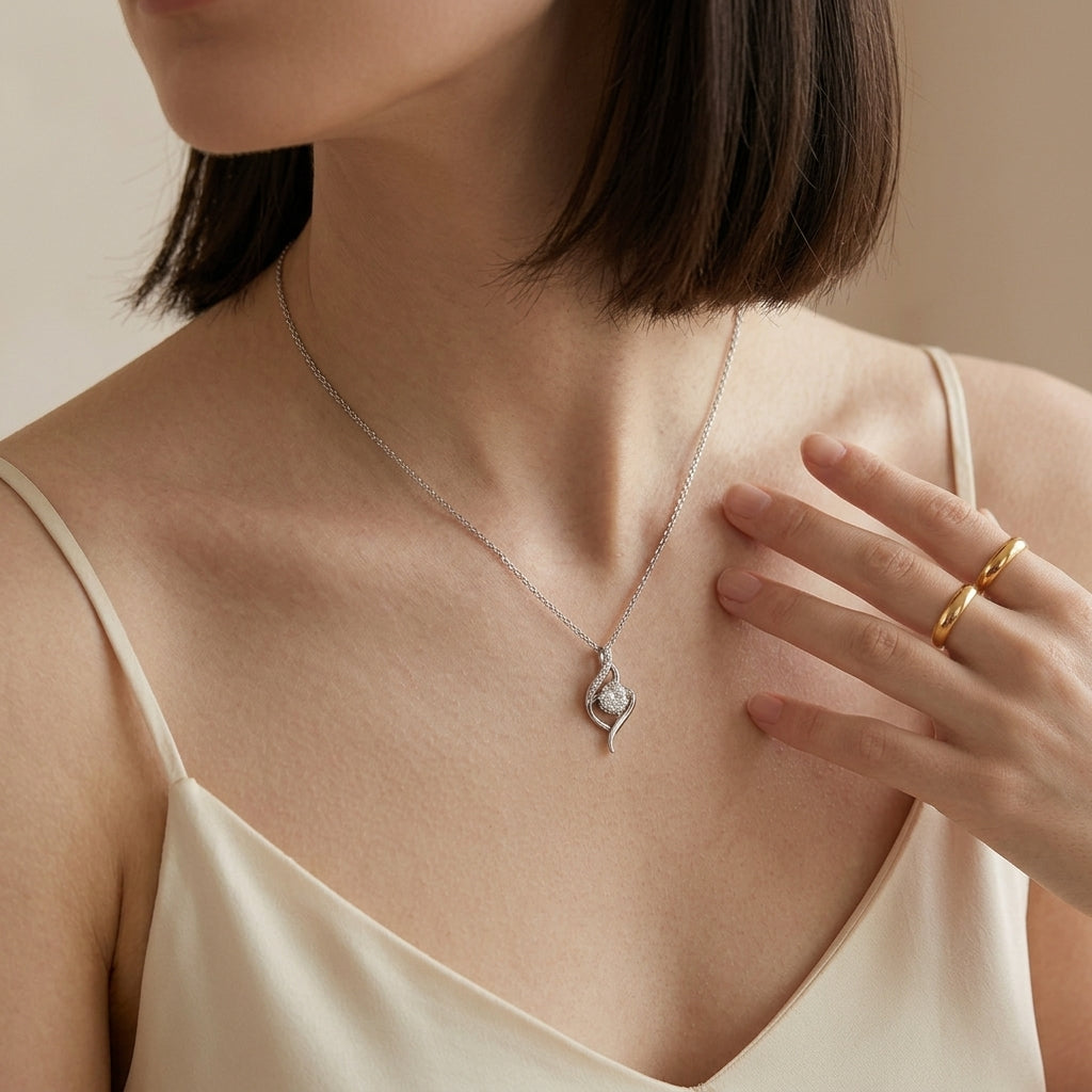 Model wearing round diamond intertwined swirl solitaire pendant necklace with white top.
