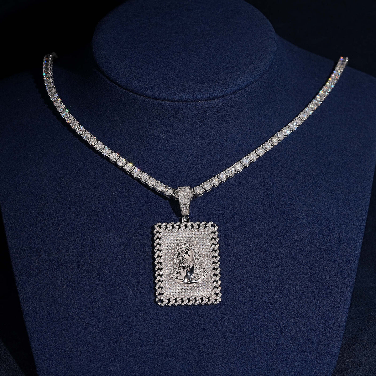 Model wearing S925 sterling silver iced out moissanite Jesus rectangular dog tag pendant necklace