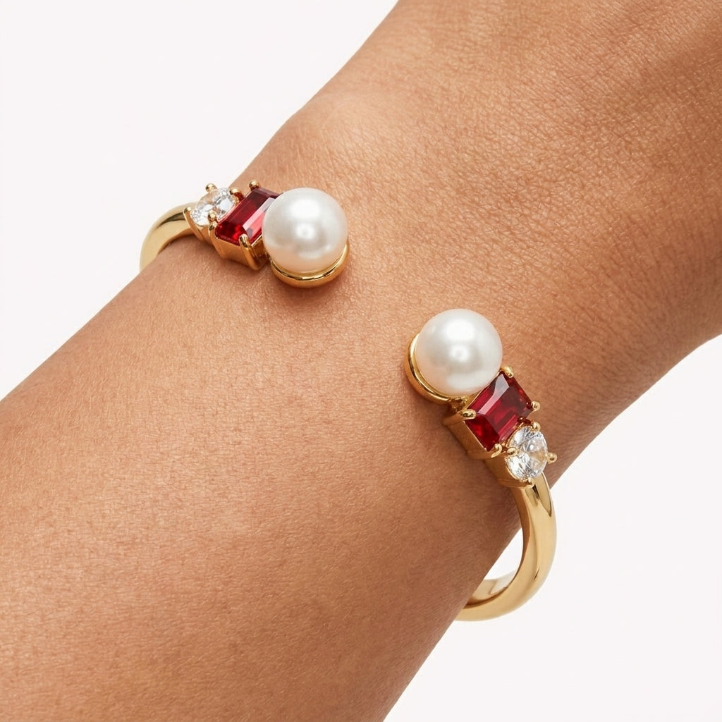 Model wearing Kate Spade Pearls of Wisdom Red Bracelet, a chic statement for daily luxury