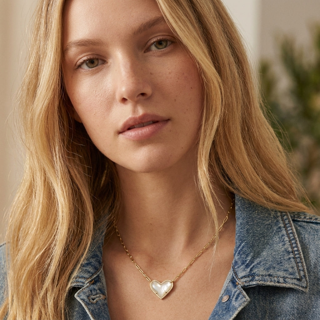 A model wearing the Kendra Scott Ari gold heart pendant necklace with a casual denim jacket to show hanging length