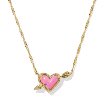 Kendra Scott Ari Heart Arrow short pendant necklace in gold featuring a pink iridescent heart charm.