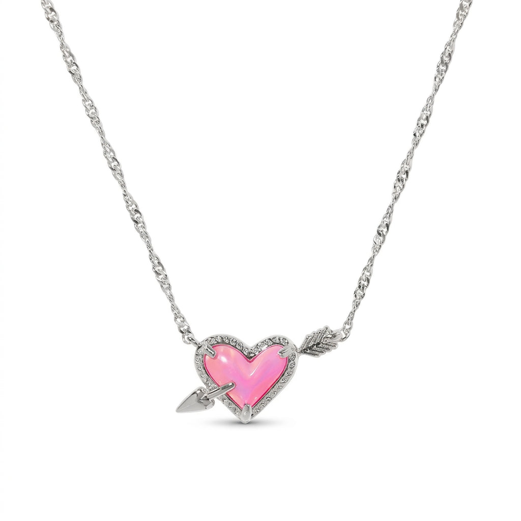 Kendra Scott Ari Heart Arrow short pendant necklace in silver rhodieum with pink heart stone