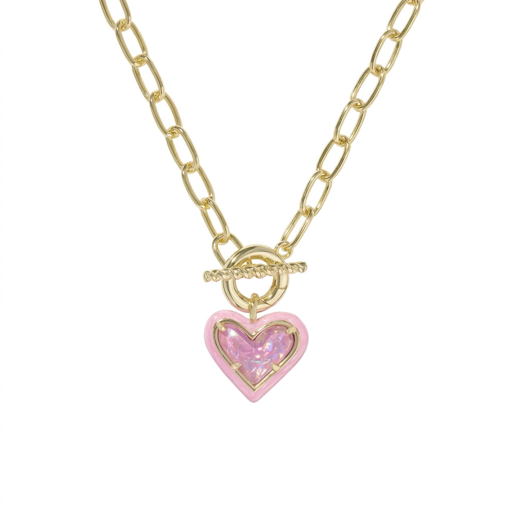 Kendra Scott Ari Heart Gold Enamel Frame Necklace in Ivory Mother-of-Pearl-pink