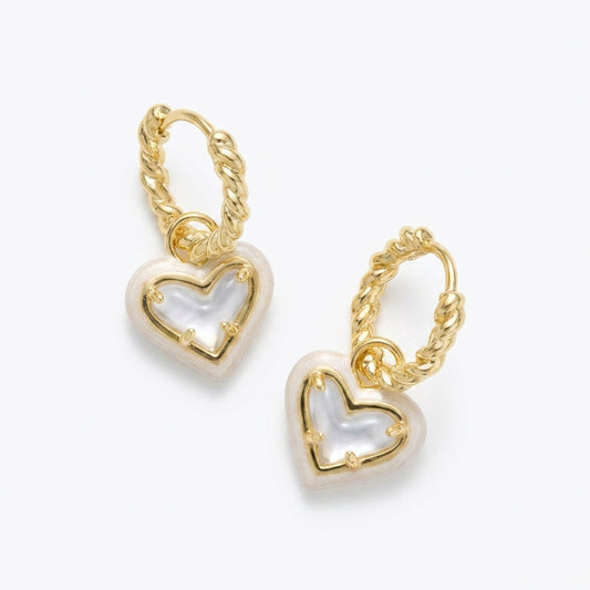 Kendra Scott Ari Heart Gold Enamel Frame Huggie Earrings in Ivory Mother-of-Pearl