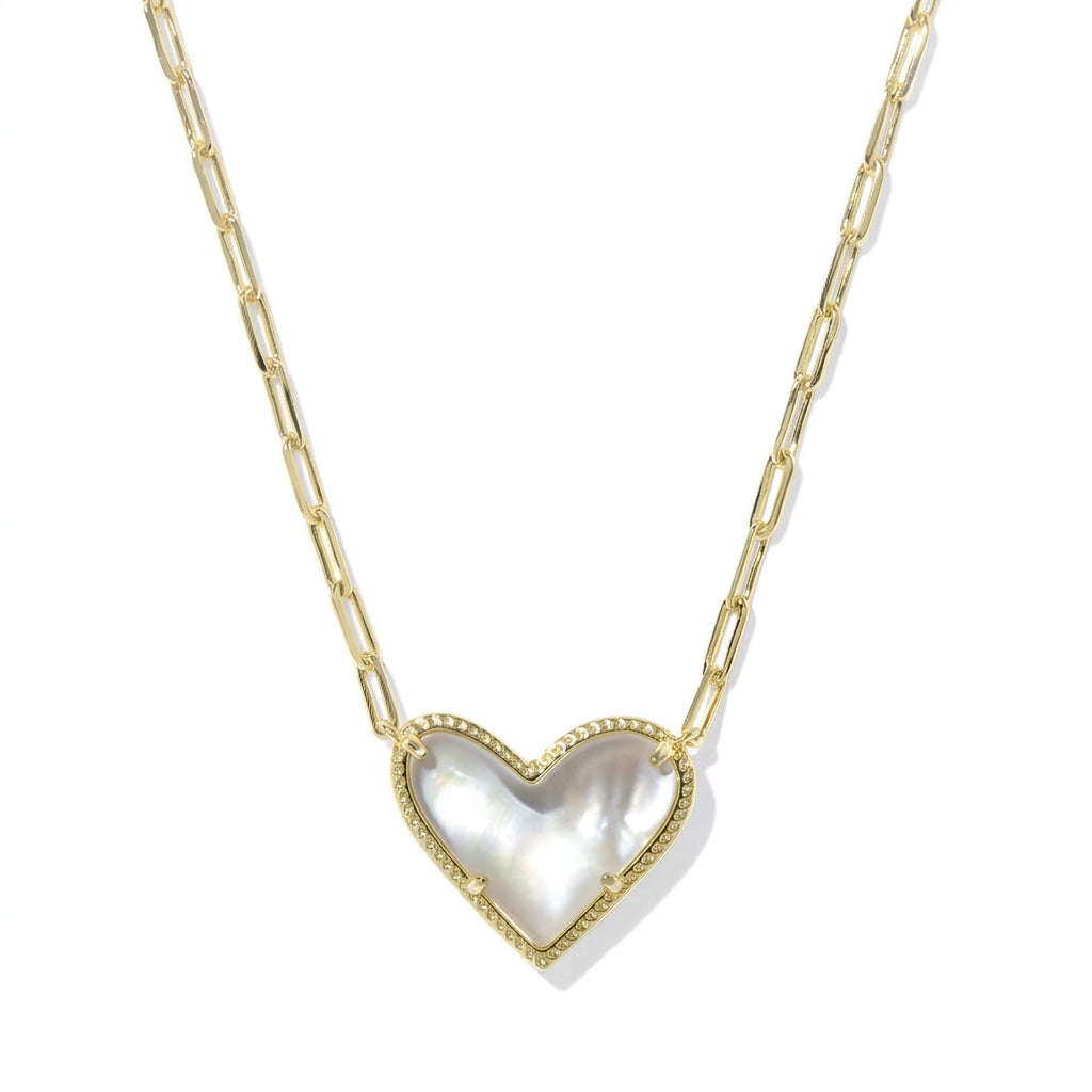Kendra Scott Ari asymmetric heart gold paperclip chain necklace featuring an ivory white mother of pearl stone.
