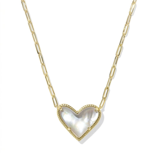 Kendra Scott Ari asymmetric heart gold paperclip chain necklace featuring an ivory white mother of pearl stone.