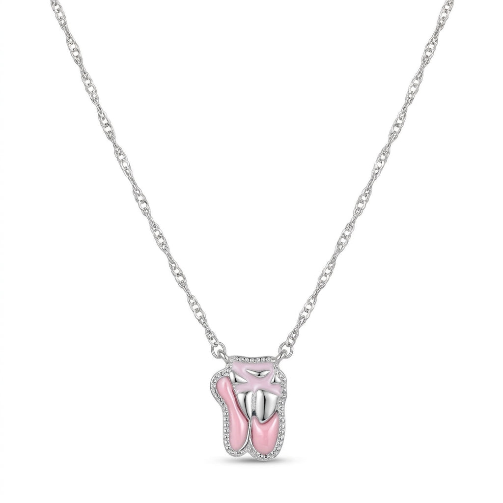 Kendra Scott Ballet short pendant necklace in silver with a pink enamel ballet slippers charm.