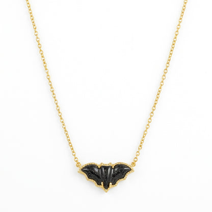 Kendra Scott Bat short pendant necklace in 14k gold plated brass, featuring a black golden obsidian stone framed by hoofprint detailing.