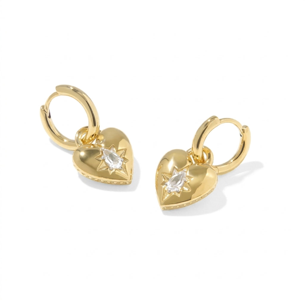 Kendra Scott Bold Heirloom Heart vermeil convertible huggie earrings front view gold heart dangling from hoop