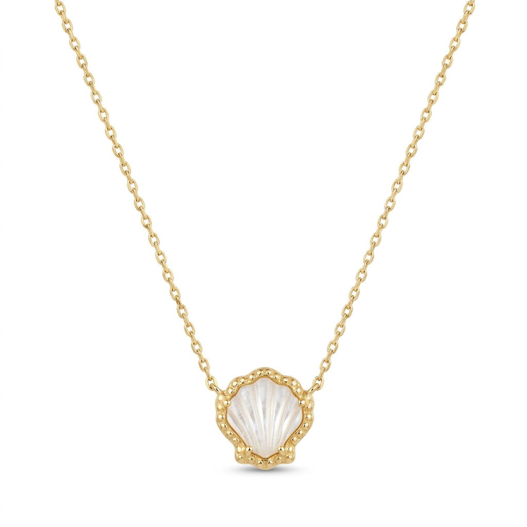 Kendra Scott Brynne Shell short pendant necklace in yellow gold with white mother of pearl.
