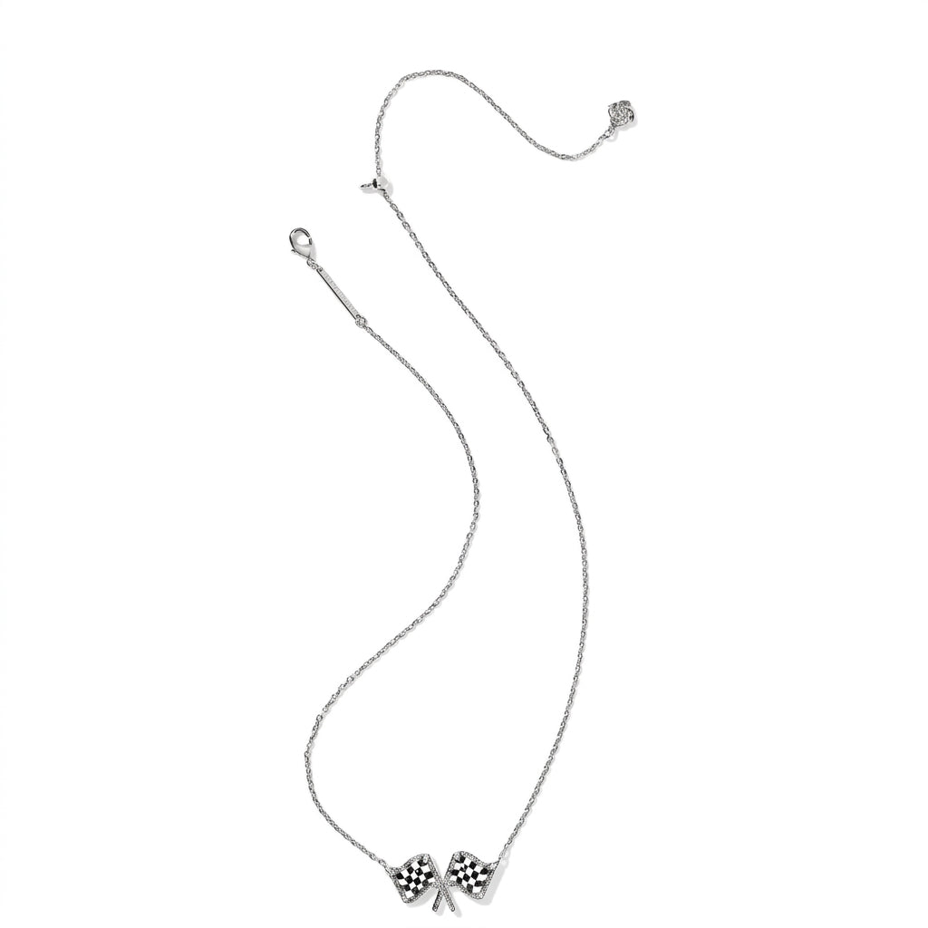 Kendra Scott checkered flag charm necklace angle view showing pattern and silver finish
