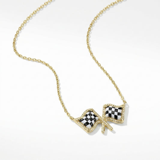 Kendra Scott Checkered Flag gold short pendant necklace front view racing charm on chain