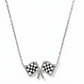 Kendra Scott Checkered Flag silver short pendant necklace front view racing charm on chain