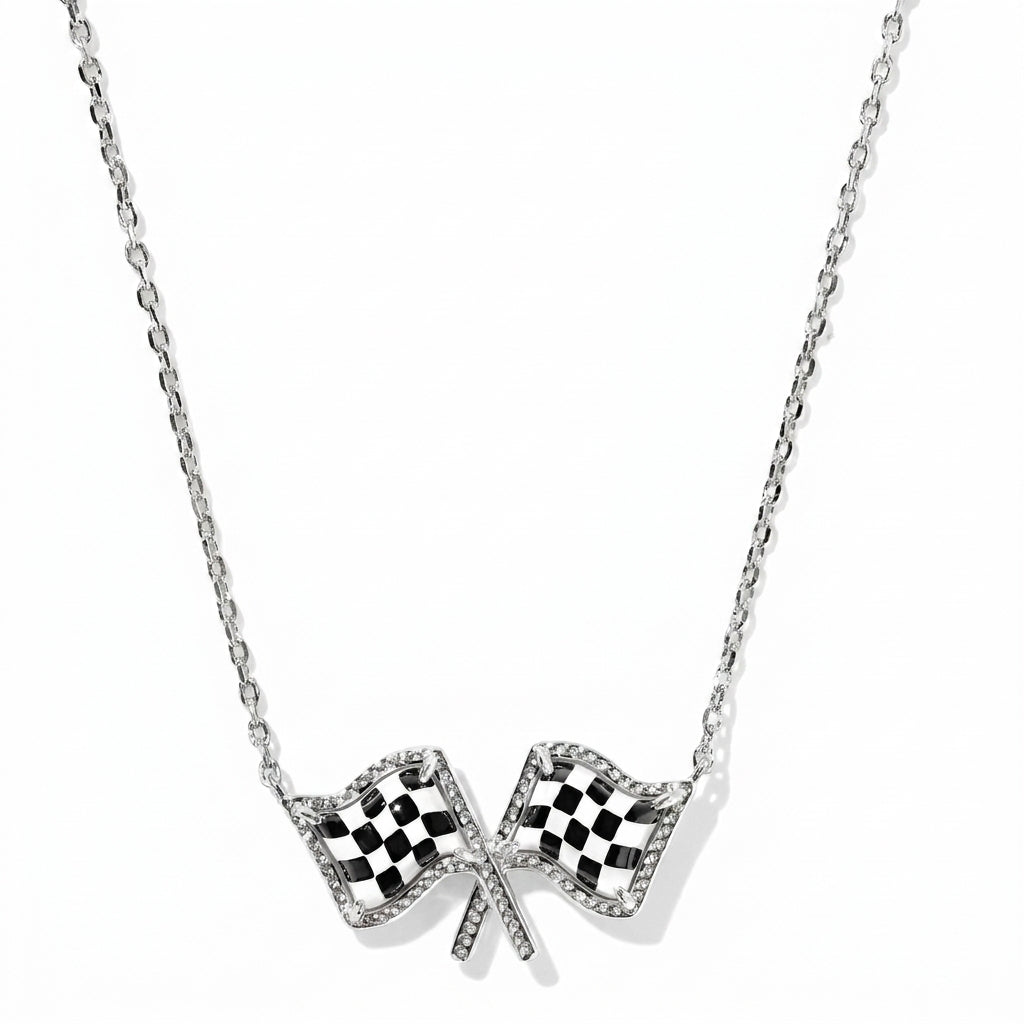 Kendra Scott Checkered Flag silver short pendant necklace front view racing charm on chain