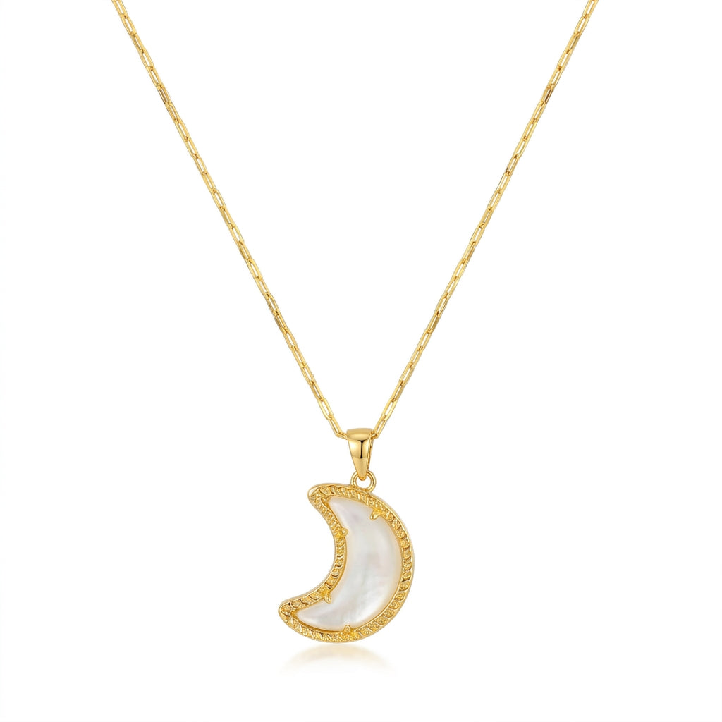 Kendra Scott crescent moon gold short pendant necklace featuring an ivory white mother of pearl stone on a delicate chain
