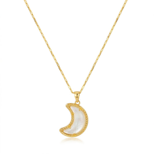 Kendra Scott crescent moon gold short pendant necklace featuring an ivory white mother of pearl stone on a delicate chain