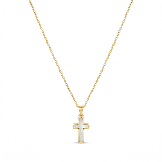 Kendra Scott cross pendant necklace in gold with an inlaid white stone on a white background