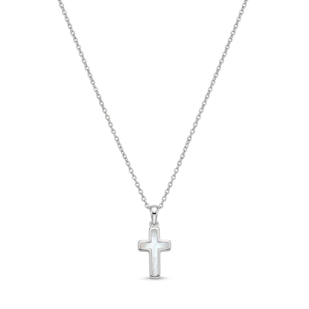 Kendra Scott cross pendant necklace in silver with a white inlaid charm.