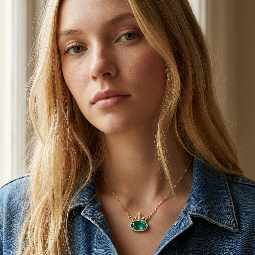 Blonde model in a denim jacket showcasing the green stone Kendra Scott Disney Princess pendant necklace.