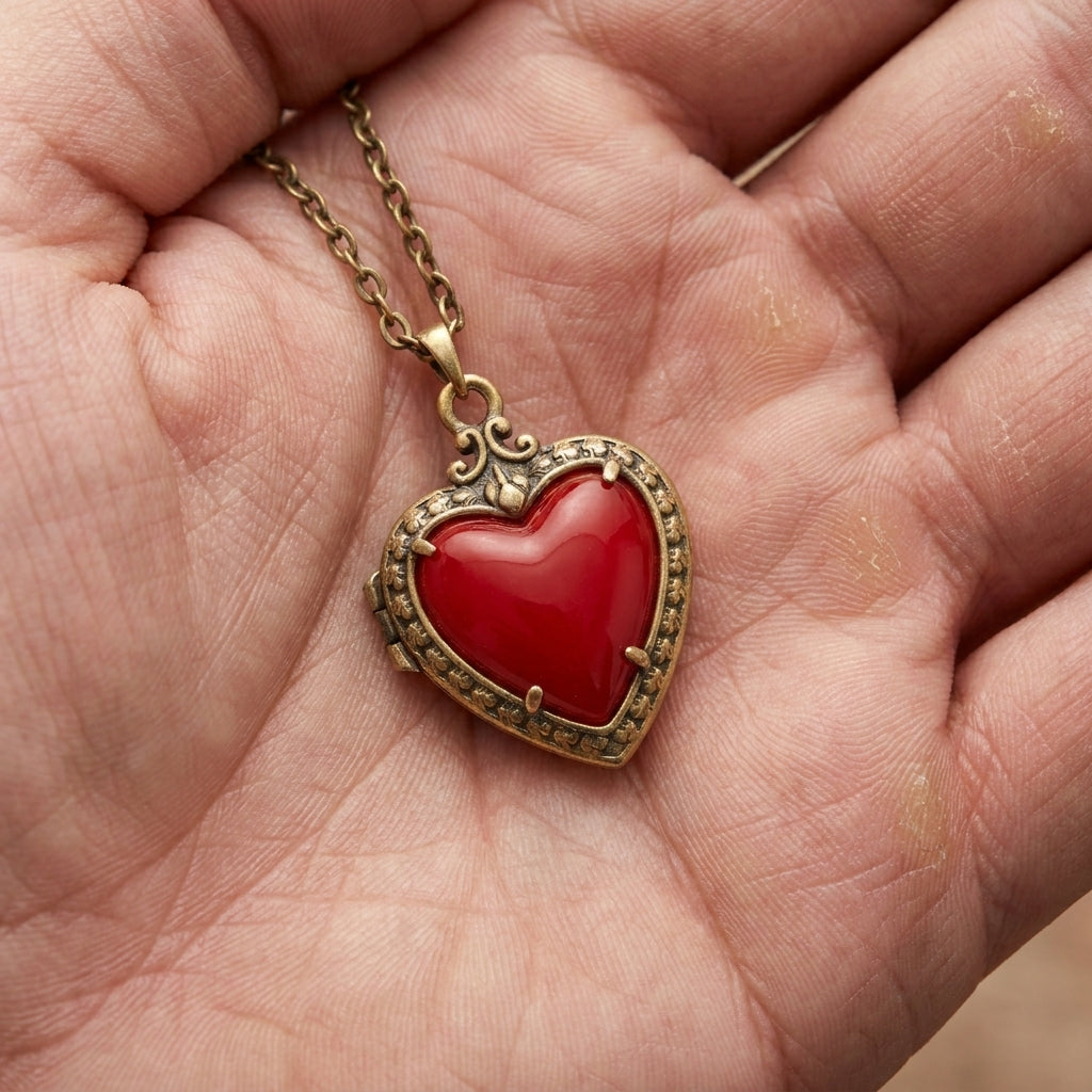 The Disney x Kendra Scott Snow White red heart locket necklace placed in a hand for size and scale reference.