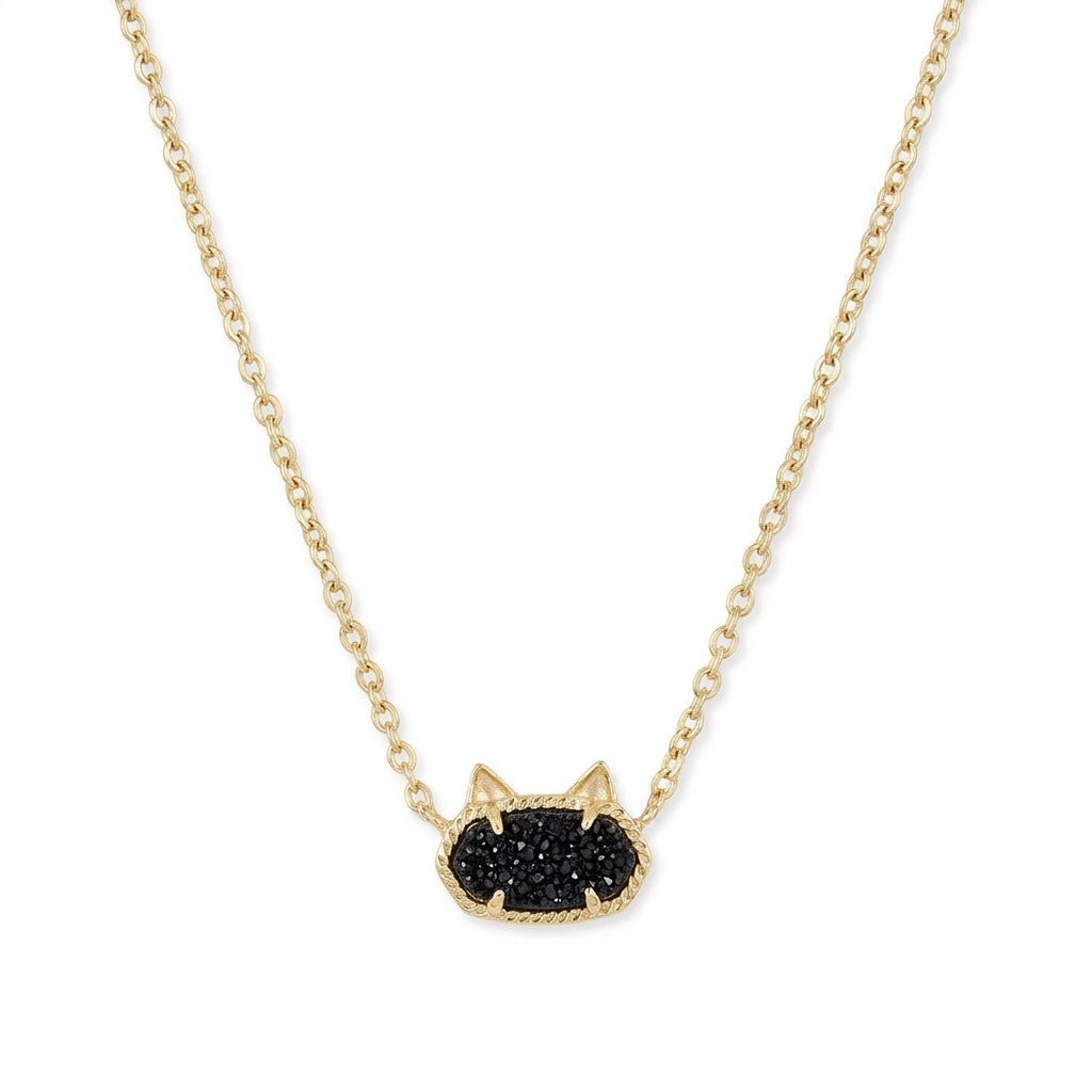 Kendra Scott Elisa Cat gold pendant necklace featuring a black drusy stone with cute kitty ears on a delicate chain.