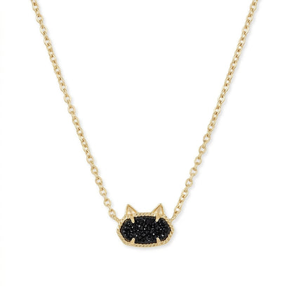 Kendra Scott Elisa Cat gold pendant necklace featuring a black drusy stone with cute kitty ears on a delicate chain.