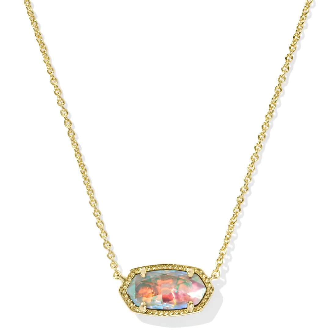 Kendra Scott Elisa gold pendant necklace featuring a reflective multi-color dichroic glass stone.
